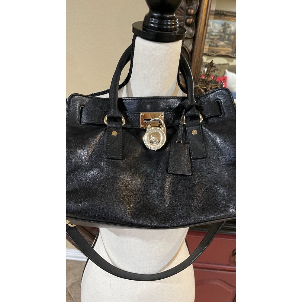 Michael Kors Hamilton Black Leather Satchel Tote‎ Chain Shoulder Bag Gold